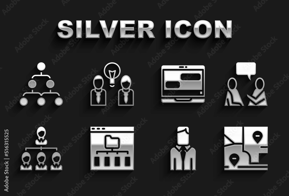 Set Browser files, Two sitting men talking, Folded map with location, Worker, Hierarchy organogram chart, Chat messages laptop, and People lamp bulb icon. Vector