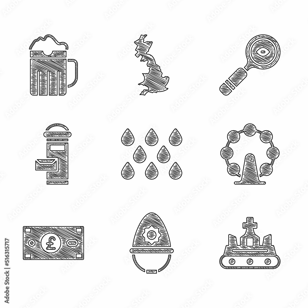 Set Water drop, British police helmet, crown, London eye, Pound sterling money, mail box, Magnifying glass and Wooden beer mug icon. Vector Set Water drop, British police helmet, crown, London eye, Pound sterling money, mail box, Magnifying glass and Wooden beer mug icon. Vector