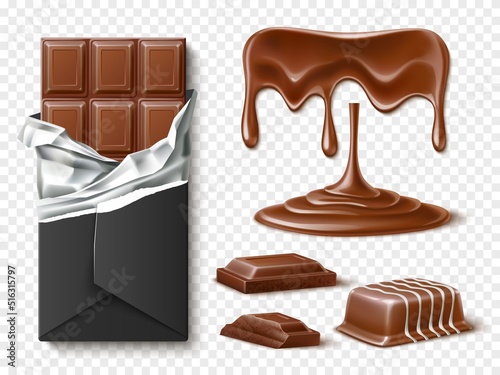Realistic chocolate cacao. Icing candies, dark and milk pieces, smudges and jets, healthy sweets, whole and pieces, chocolate addiction, bar in foil, confectionery snack utter vector set