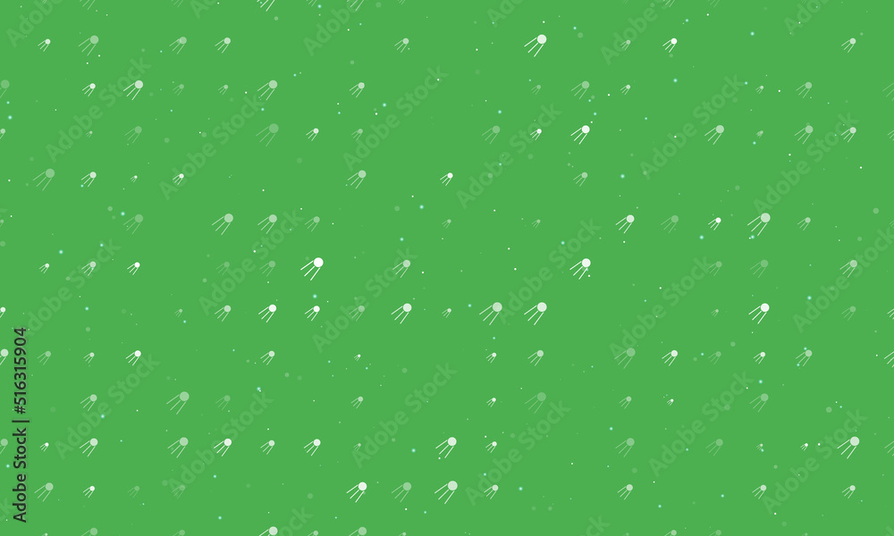 Seamless background pattern of evenly spaced white satellite symbols of different sizes and opacity. Vector illustration on green background with stars