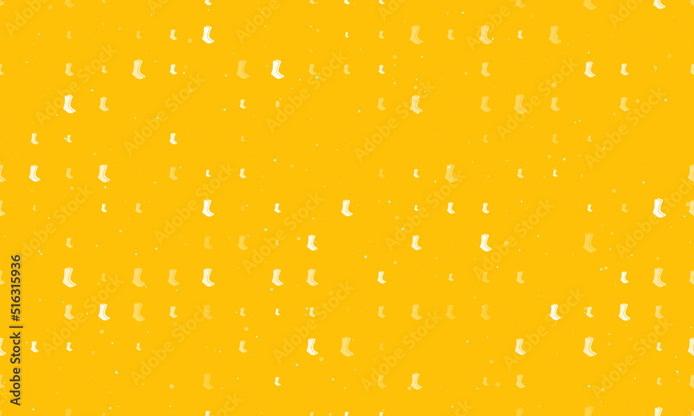Seamless background pattern of evenly spaced white socks symbols of different sizes and opacity. Vector illustration on amber background with stars
