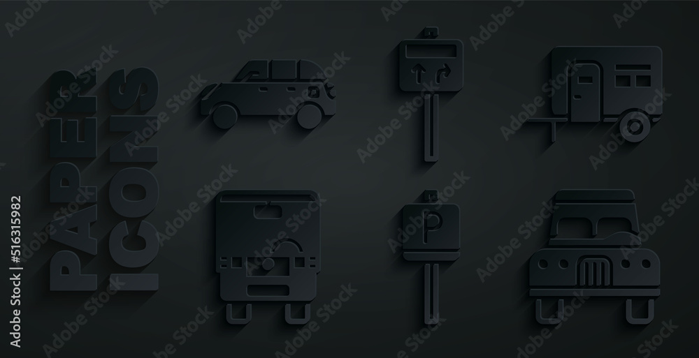 Set Parking, Rv Camping trailer, Bus, Car, Road traffic signpost and Hatchback car icon. Vector Set Parking, Rv Camping trailer, Bus, Car, Road traffic signpost and Hatchback car icon. Vector