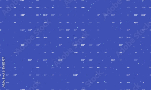 Seamless background pattern of evenly spaced white 360 degree symbols of different sizes and opacity. Vector illustration on indigo background with stars