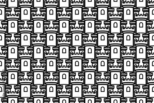 Seamless pattern completely filled with outlines of castle symbols. Elements are evenly spaced. Vector illustration on white background