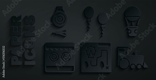 Set Amusement park map, Hot air balloon, Shooting gallery, Toy train, Balloons and Classic dart board and arrow icon. Vector