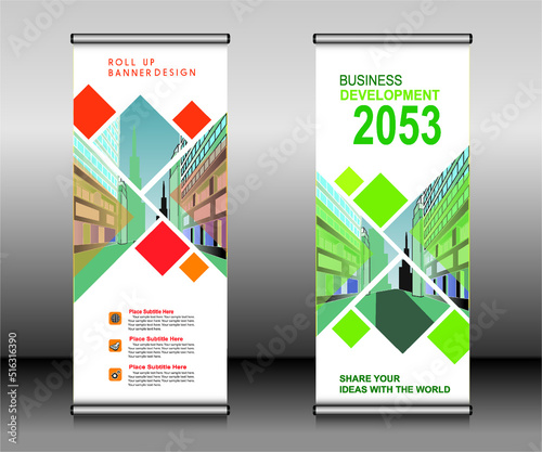 Roll up banner template design,banner layout, advertisement, pull up, polygon background.