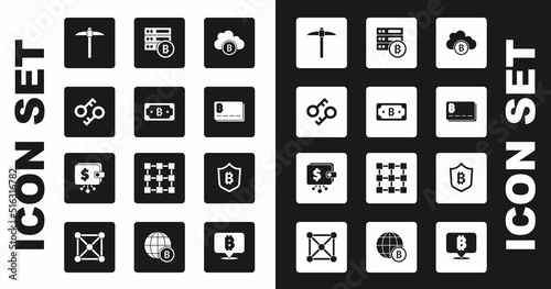 Set Cryptocurrency cloud mining, bitcoin, key, Pickaxe, Credit card with, Server, Shield and wallet icon. Vector