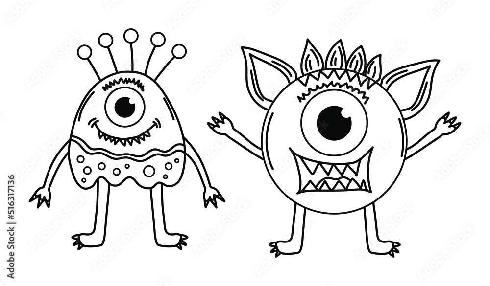 Obraz premium Set of funny cute monsters, aliens or winged fantasy animals for children coloring books or fashion. Hand drawn line art cartoon vector illustration.