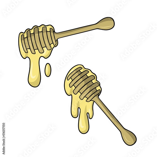 A set of pictures, dripping honey, a wooden spoon for honey, a vector illustration in cartoon style
