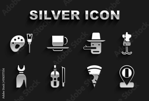 Set Violin, Mannequin, Location flag Italy, Slice of pizza, Woman dress, Pinocchio, Paint brush with palette and Coffee cup icon. Vector