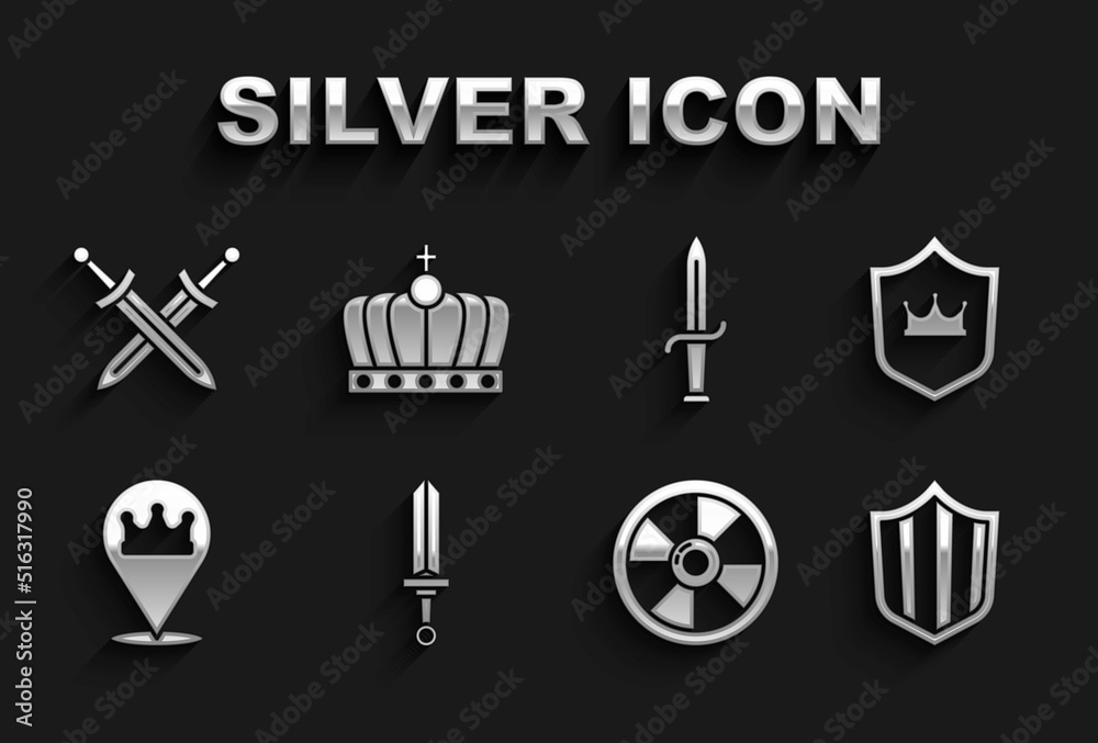 Set Medieval sword, Shield with crown, Round wooden shield, Location king, Dagger, Crossed medieval and King icon. Vector Set Medieval sword, Shield with crown, Round wooden shield, Location king, Dagger, Crossed medieval and King icon. Vector