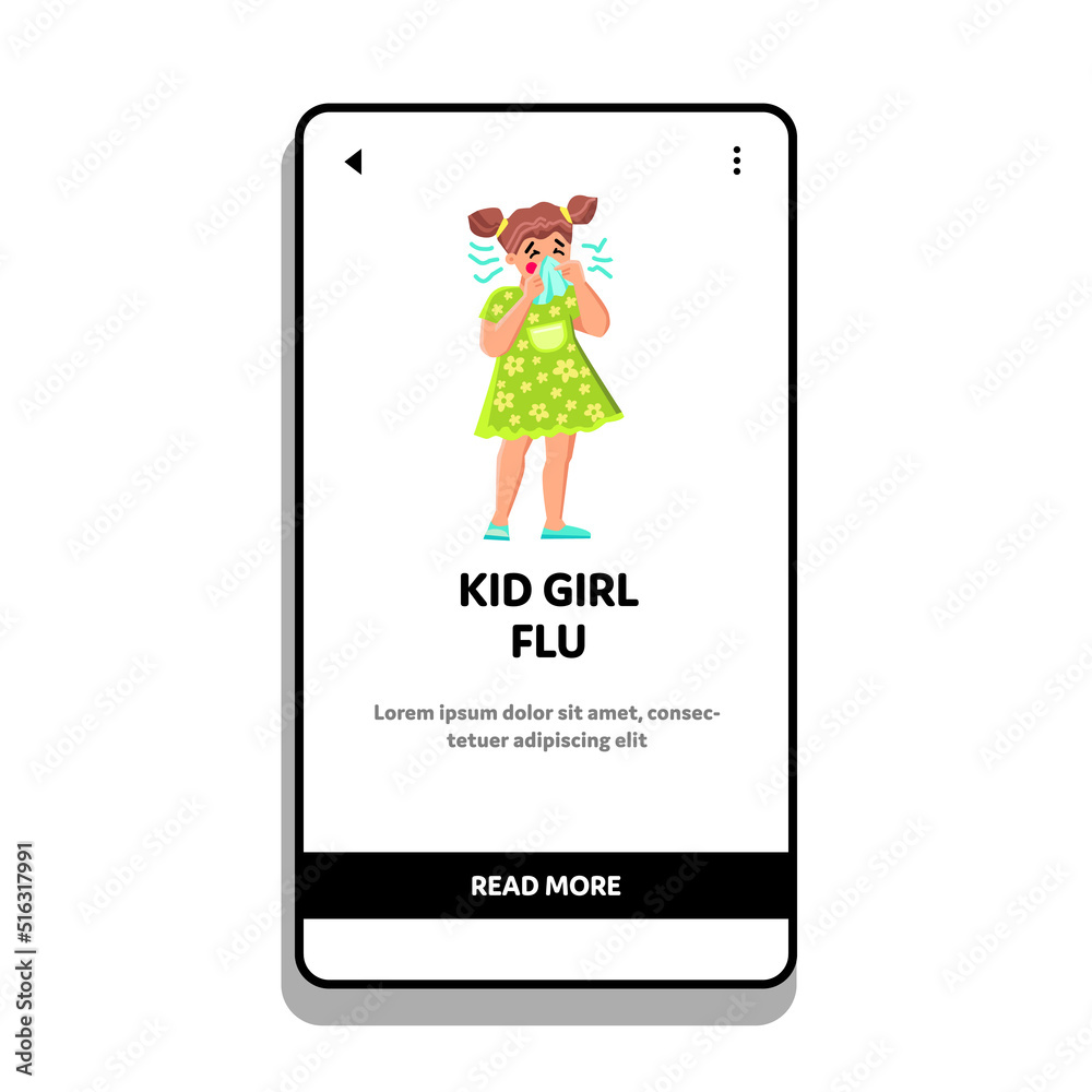 flu kid girl vector. sick little child, cought fever, nose temperature flu kid girl web flat cartoon illustration flu kid girl vector. sick little child, cought fever, nose temperature flu kid girl web flat cartoon illustration