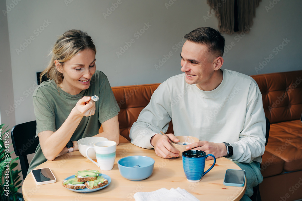 Homemade breakfast, man and women have breakfast and talk. Homemade breakfast, man and women have breakfast and talk.