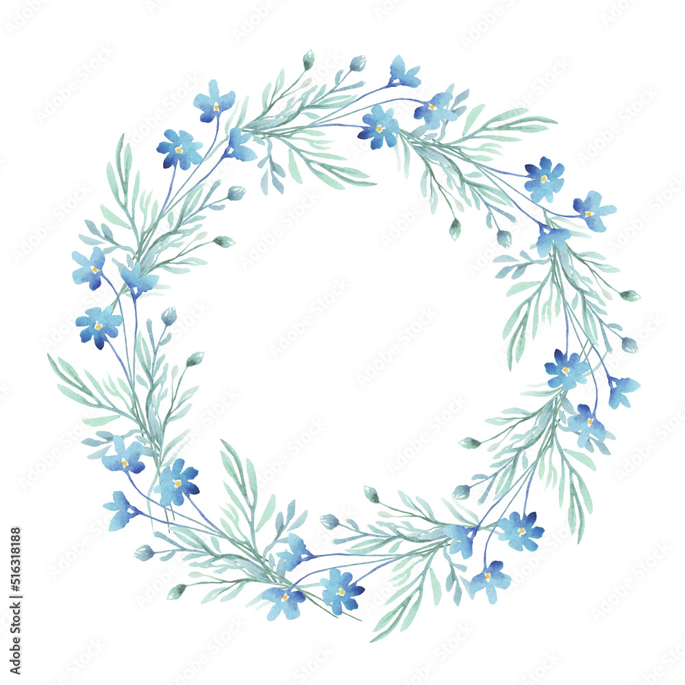 Fototapeta premium Forget-me-not wreath. Watercolor clipart