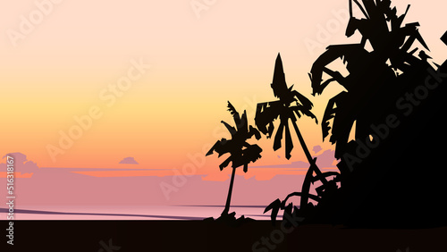 Sunset beach, orange sky. Vector illustration