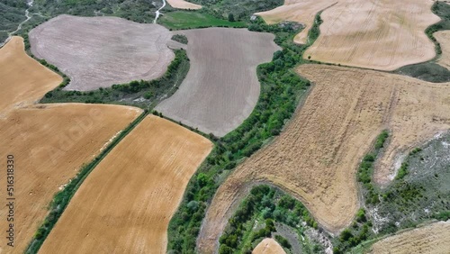 Panoramic view from a drone of the agricultural landscape of crop fields in Puente la Reina de Jaca. The Jacetania. Huesca, Aragon, Spain, Europe photo