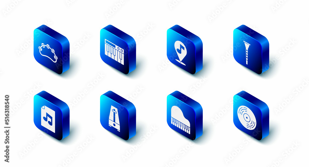 Set Music synthesizer, Location musical note, Clarinet, Vinyl disk, Grand piano, Metronome with pendulum, book and Tambourine icon. Vector Set Music synthesizer, Location musical note, Clarinet, Vinyl disk, Grand piano, Metronome with pendulum, book and Tambourine icon. Vector