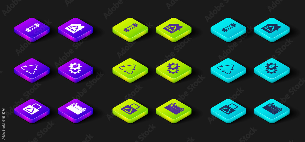 Set Paper bag with recycle, Car battery, Recycle symbol, Leaf plant in gear machine, Eco House recycling and Battery icon. Vector Set Paper bag with recycle, Car battery, Recycle symbol, Leaf plant in gear machine, Eco House recycling and Battery icon. Vector