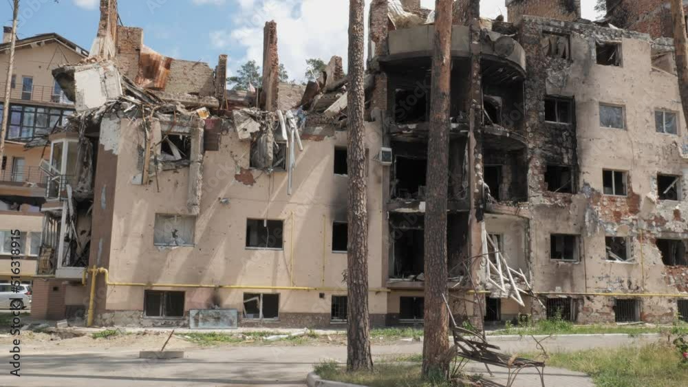 A burnt and destroyed residential building in Irpin, Kyiv region as a result of shelling by the Russian army A burnt and destroyed residential building in Irpin, Kyiv region as a result of shelling by the Russian army