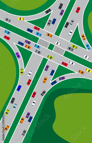 Road junction with many cars top view. Highway and transport. Intersections and overpasses. Vehicles moving on a road or public highway. Stream of heavy traffic. Vector illustration