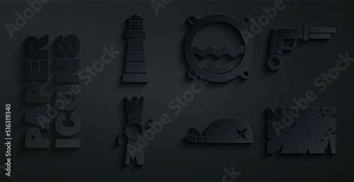 Set Pirate bandana for head, Vintage pistols, Decree, parchment, scroll, treasure map, Ship porthole with seascape and Lighthouse icon. Vector