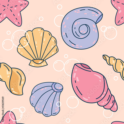 summer beach concept. seamless pattern seashell colorful icons and bubbles