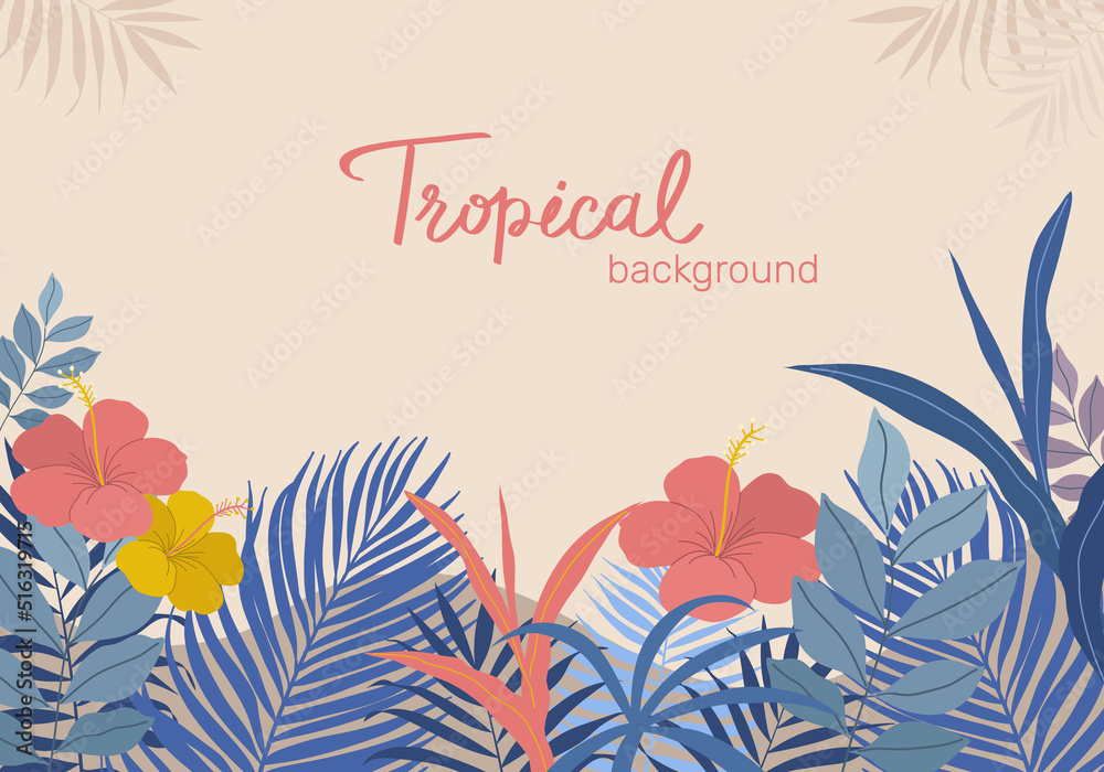 Colorful tropical leaves, foliage plant and flower with frame nature, Template with place for text, lettering. Vector design illustration. Colorful tropical leaves, foliage plant and flower with frame nature, Template with place for text, lettering. Vector design illustration.