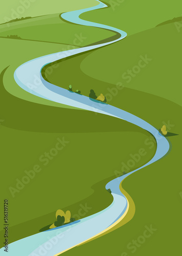 Landscape with river and green meadows. Natural scenery in vertical format.