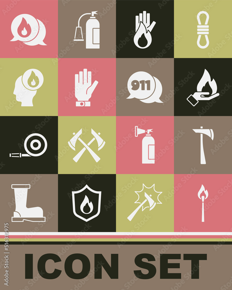 Set Burning match with fire, Firefighter axe, Hand holding, No, gloves, Telephone call 911 and icon. Vector Set Burning match with fire, Firefighter axe, Hand holding, No, gloves, Telephone call 911 and icon. Vector