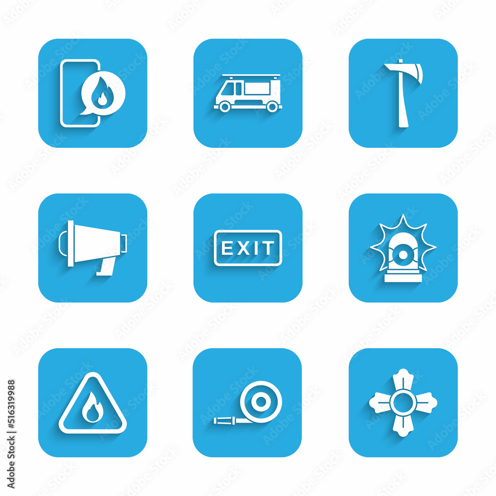 Set Fire exit, hose reel, Firefighter, Flasher siren, flame in triangle, Megaphone, axe and Phone with emergency call 911 icon. Vector Set Fire exit, hose reel, Firefighter, Flasher siren, flame in triangle, Megaphone, axe and Phone with emergency call 911 icon. Vector