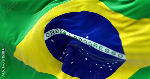 Fotografi Close-up view of the Brazilian national flag waving in the wind.