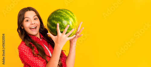 healthy food for children. fructose healthy eating on summer vacation. teen girl having fun. Summer girl portrait with watermelon, horizontal poster. Banner header with copy space.
