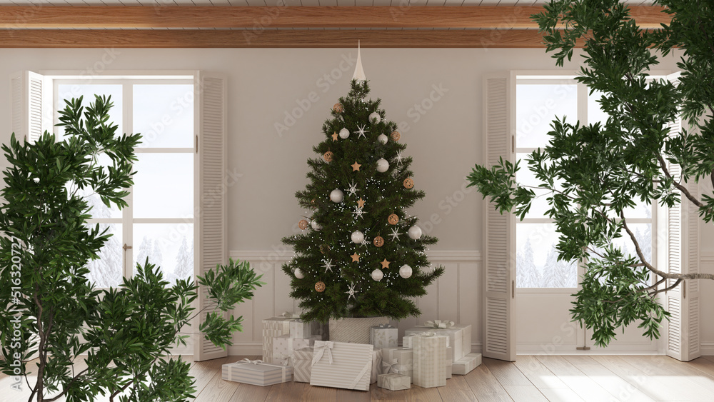 Naklejka premium Green summer or spring leaves, tree branch over interior design scene. Natural ecology concept idea. Christmas living room with tree and fireplace, windows on winter landscape
