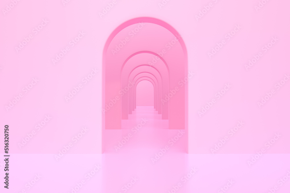 Pink arch hallway corridor, abstract background, minimal conceptual, 3D rendering Illustration