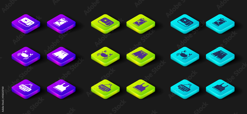 Set Signboard with text Hotel, Sleeveless T-shirt, Crab, Swimming trunks, Soda can and Travel postcard icon. Vector Set Signboard with text Hotel, Sleeveless T-shirt, Crab, Swimming trunks, Soda can and Travel postcard icon. Vector
