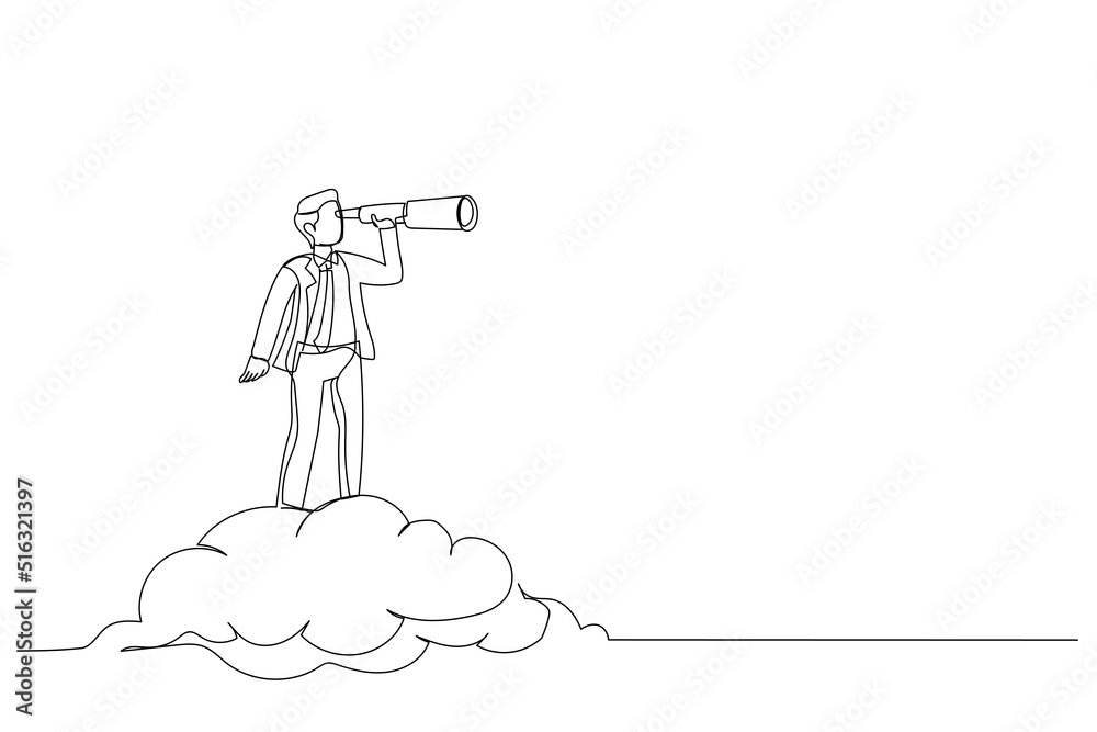 Illustration of businessman riding cloud holding telescope or binocular to search for business visionary. Opportunity, vision company target concept. One continuous line art style