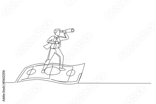 Drawing of businessman riding flying banknote money using spyglass or telescope to see future. Visionary to make profit or financial growth concept. Single line art style