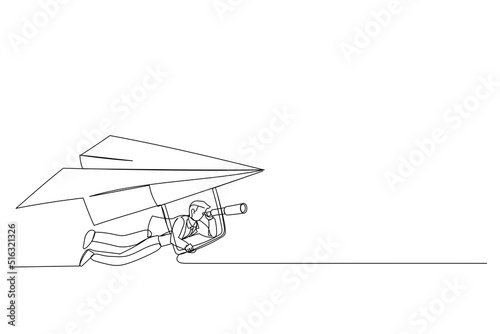 Cartoon of businessman flying paper airplane origami as glider with telescope to see future. Future forecast or discover new idea and inspiration concept. Single continuous line art style © rina
