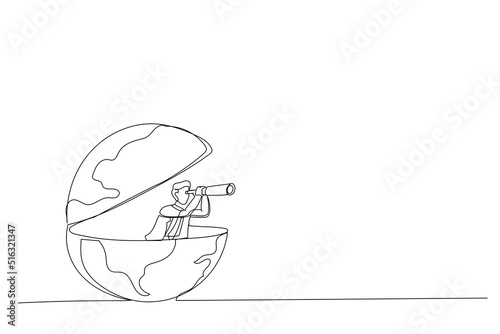 Cartoon of businessman open globe using telescope looking for vision to new opportunity. Work or investment, searching for oversea business concept. Single continuous line art style