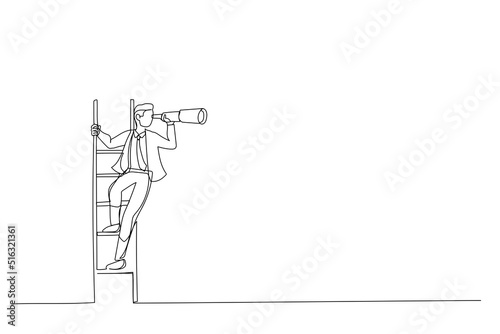 Cartoon of businessman holding a telescope on the stairs looking of success and new business goals. Continuous line art