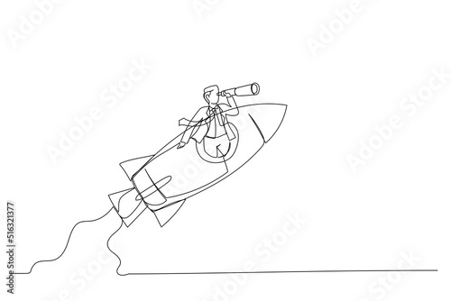 Drawing of businessman manager open rocket window using telescope looking forward. Entrepreneurship  leadership to see future vision. Single continuous line art