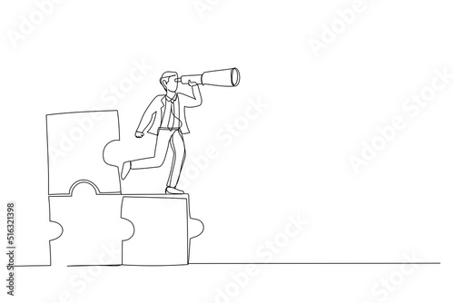 Drawing of businessman standing on uncompleted jigsaw looking for missing piece. Finding solution concept. Single line art style