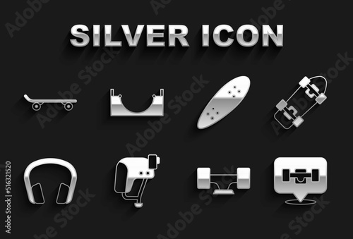 Set Skateboard helmet, wheel, Headphones, Longboard or skateboard, and park icon. Vector
