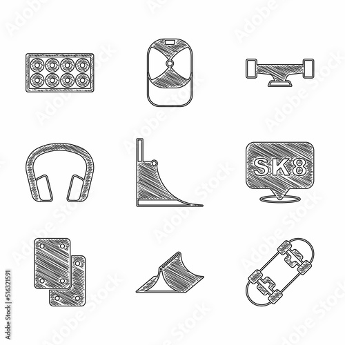 Set Skate park, Skateboard, Knee pads, Headphones, wheel and icon. Vector