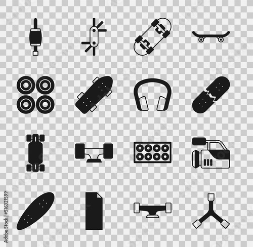 Set Skateboard Y-tool, Cinema camera, Broken skateboard deck, wheel, Screwdriver and Headphones icon. Vector