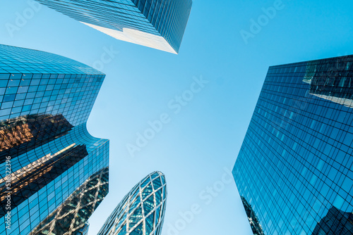 Reflective skyscrapers, business office buildings. Business and finance background of building. cityscape. skyscrapers in city. Skyscraper Business Office building. France. Paris. 