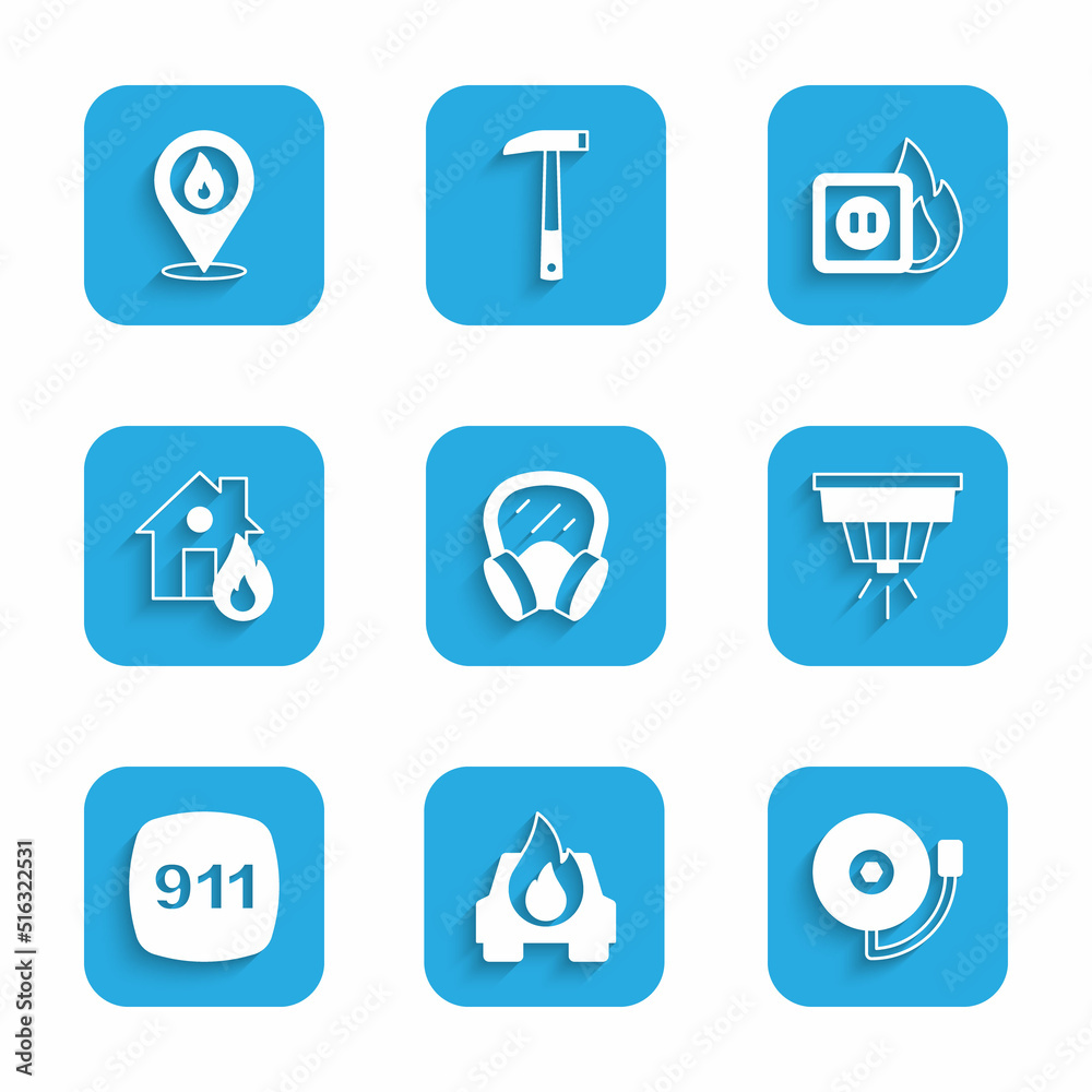 Set Gas mask, Burning car, Ringing alarm bell, Smoke system, Emergency call 911, Fire burning house, Electric wiring of socket fire and Location with flame icon. Vector Set Gas mask, Burning car, Ringing alarm bell, Smoke system, Emergency call 911, Fire burning house, Electric wiring of socket fire and Location with flame icon. Vector