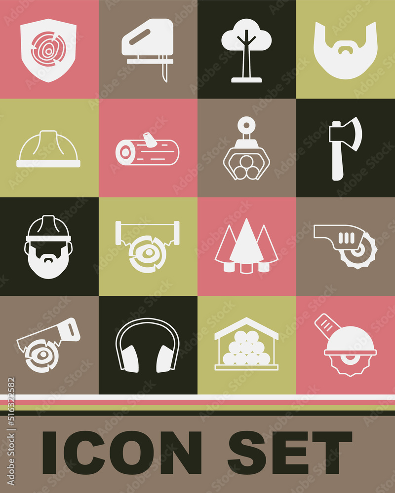 Set Electric circular saw, Wooden axe, Tree, logs, Worker safety helmet, and Grapple crane grabbed icon. Vector Set Electric circular saw, Wooden axe, Tree, logs, Worker safety helmet, and Grapple crane grabbed icon. Vector