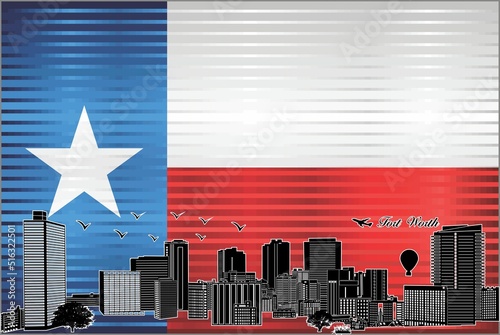 Fort Worth city skyline with flag of Texas on background - illustration, 
Shiny Grunge flag of the Texas