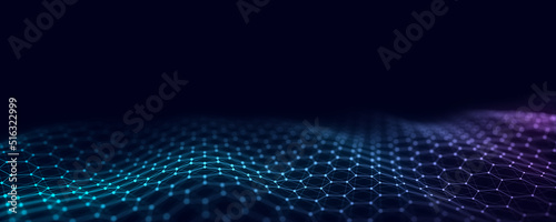 Abstract futuristic hexagon wave with moving dots. Flow of colored particles and lines. Cyber technology illustration. Big data visualization. 3d rendering